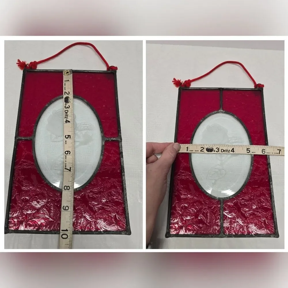 Vintage MCM Stained Glass Red And Clear Rose Suncatcher Window Panel